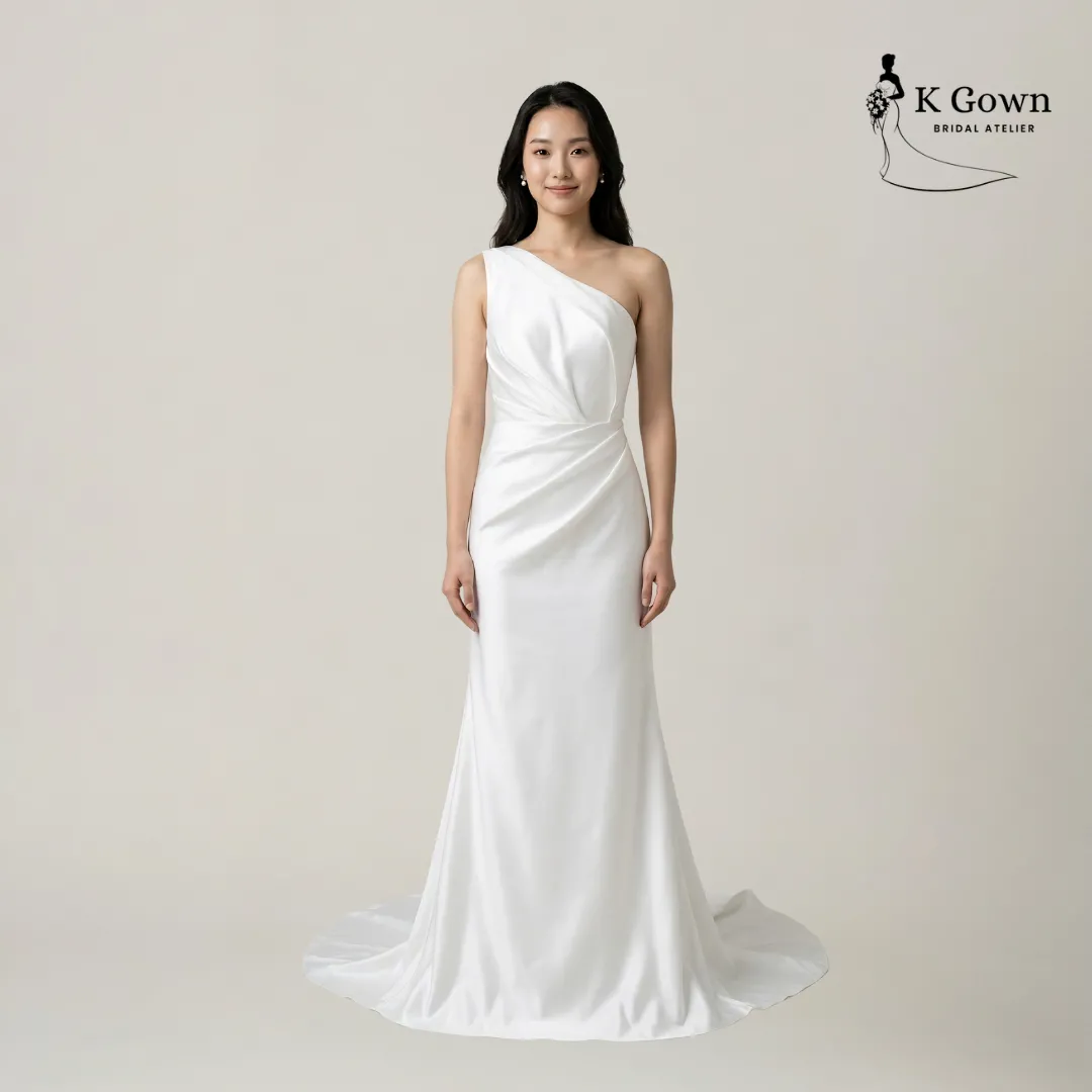 COMPLETE SINGAPORE WEDDING OUTFIT PLANNING GUIDE FOR BRIDES (3-MONTH TIMELINE) 43 SINGAPORE BRIDAL GOWN ONE SHOULDER SATIN SIMPLE WEDDING GOWN - SINGAPORE WEDDING GOWN RENTAL - K GOWN