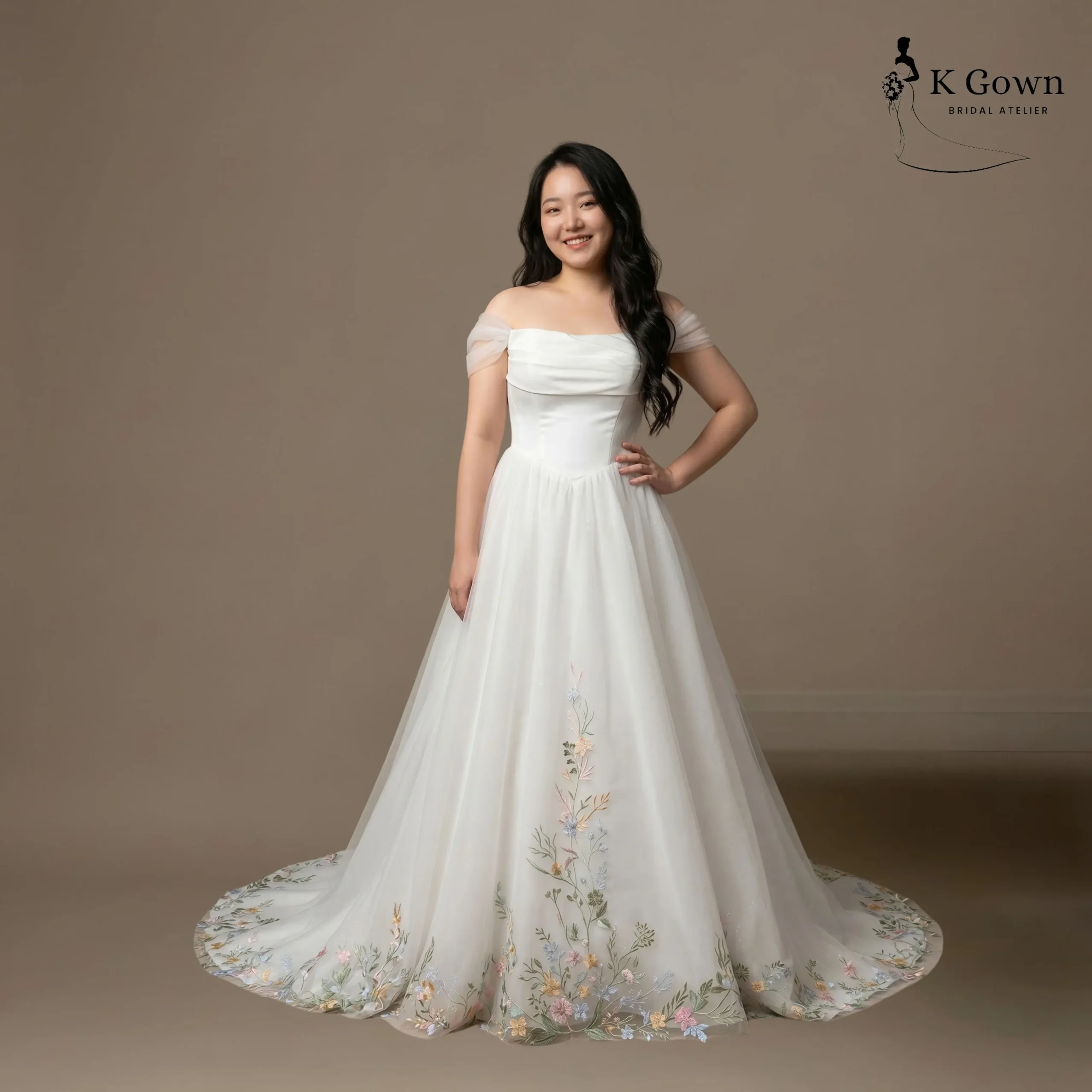 WEDDING GOWN CATALOGUE SINGAPORE 201 SINGAPORE BRIDAL GOWN PLUS-SIZE-OFF-SHOULDER-FLORAL-TULLE-A-LINE-WEDDING GOWN-KGOWN-FRONT