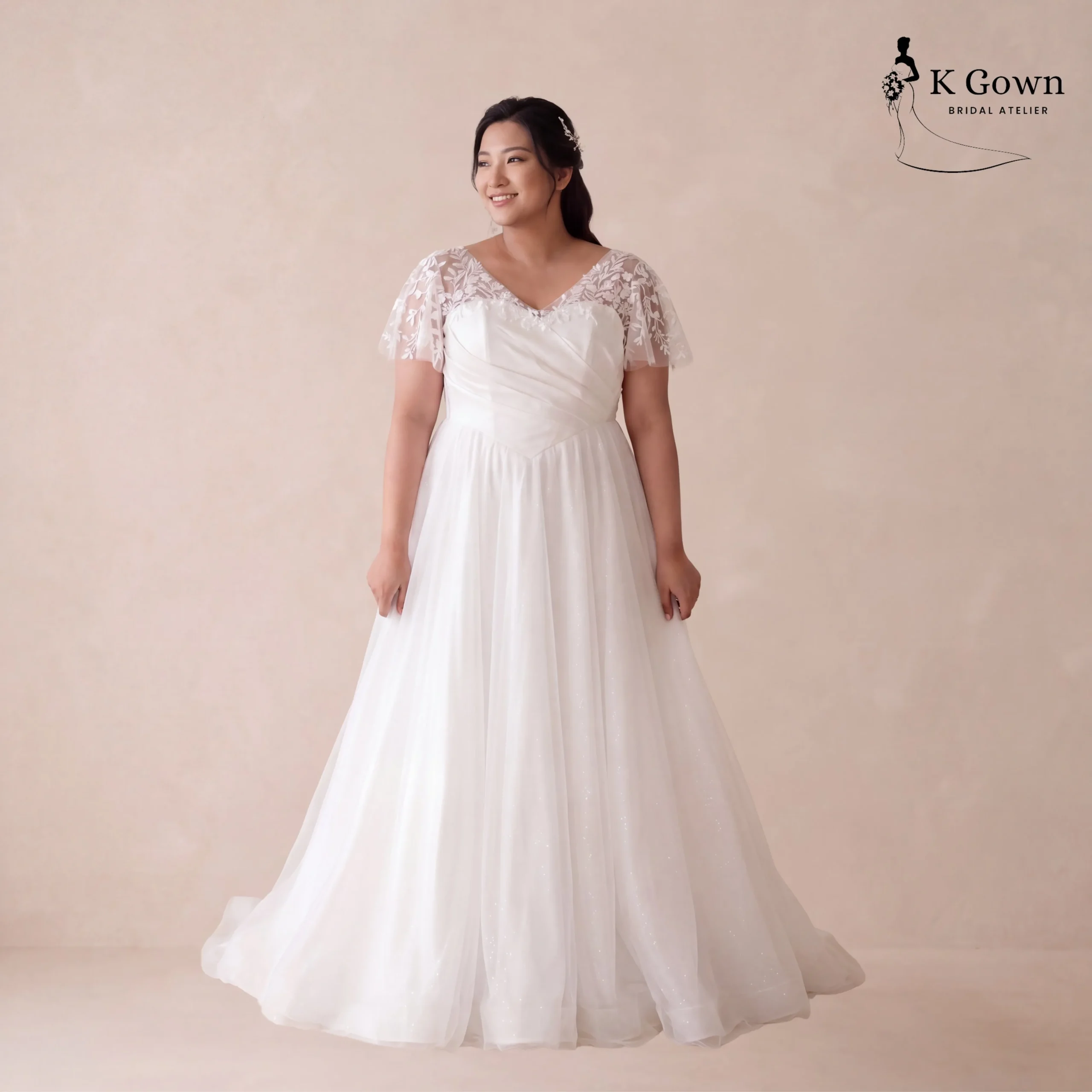 [UK12-UK22] K GOWN_BRIDAL _DRAPED SATIN ALINE WEDDING DRESS PLUS SIZE WITH SLEEVE