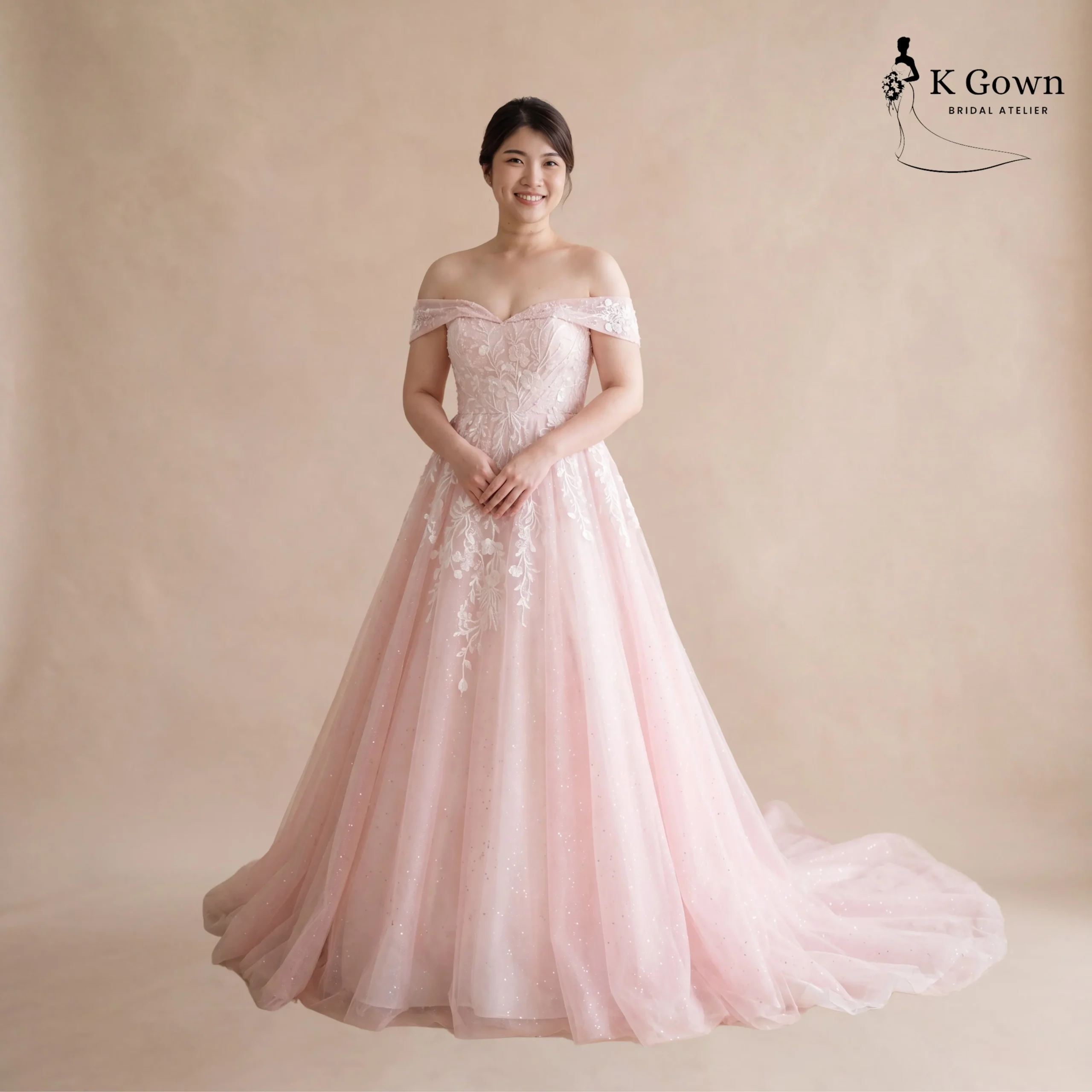 [UK12-UK22] K GOWN_BRIDAL _PASTEL PINK OFF THE SHOULDER LACE A LINE BRIDAL EVENING GOWN