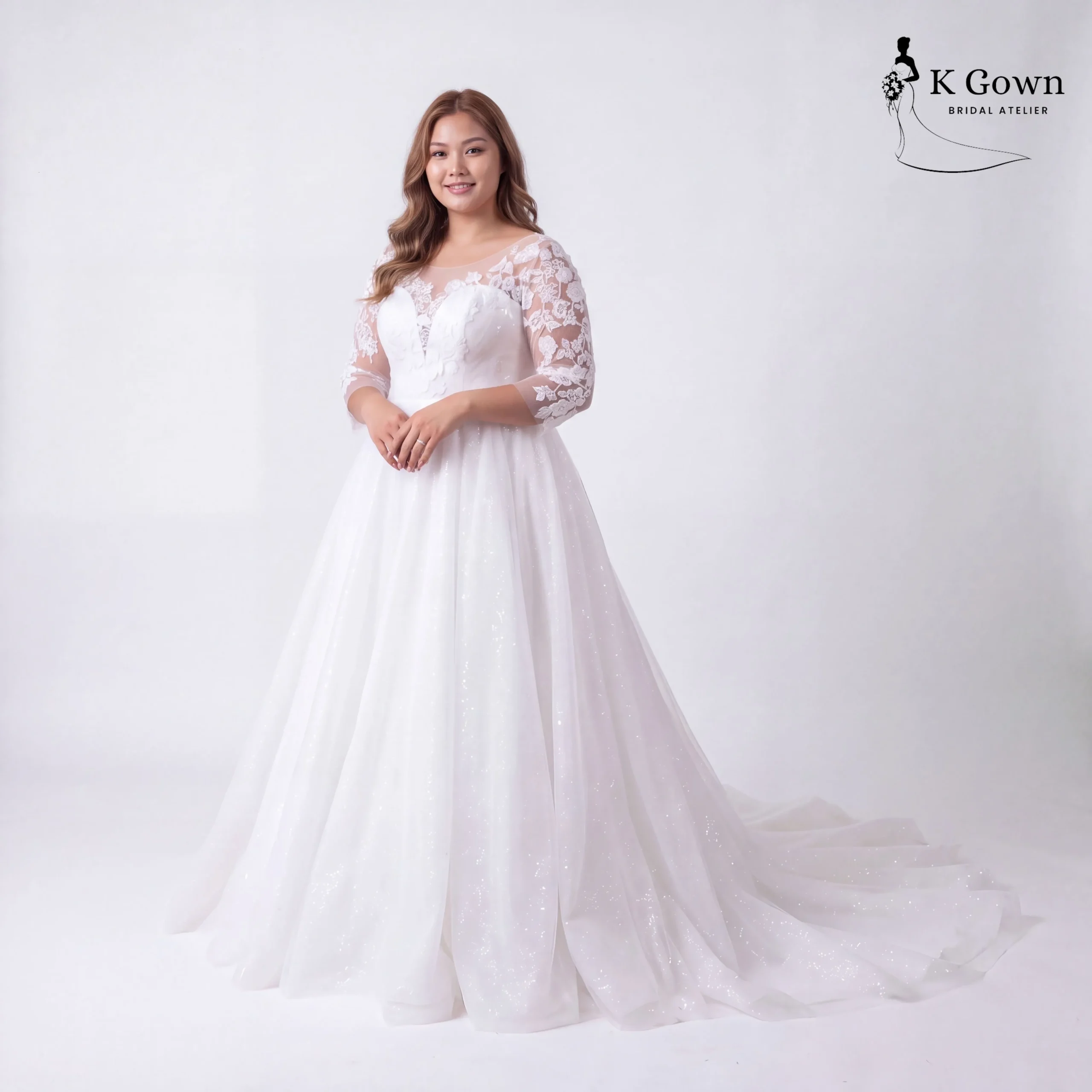 [UK12-UK22] K GOWN_BRIDAL _SINGAPORE SIGNATURE WEDDING GOWN COLLECTION_THREE QUARTER SLEEVE LACE PLUS SIZE WEDDING GOWN_FRONT