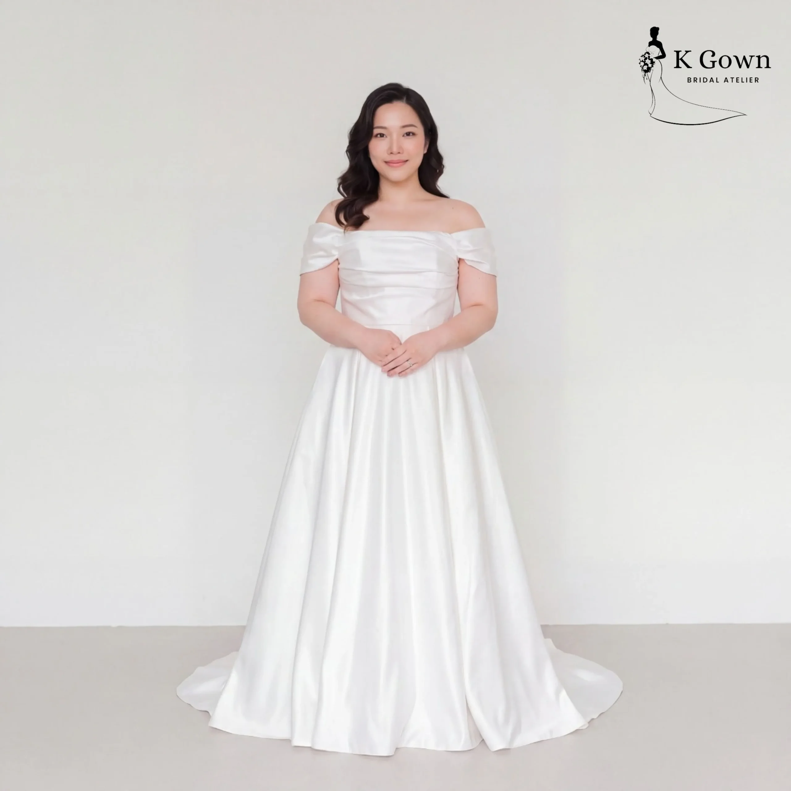 [UK12-UK22] K GOWN_BRIDAL _SINGAPORE SIGNATURE WEDDING GOWN COLLECTION_OFF THE SHOULDER SATIN A LINE SIMPLE PLUS SIZE WEDDING DRESS