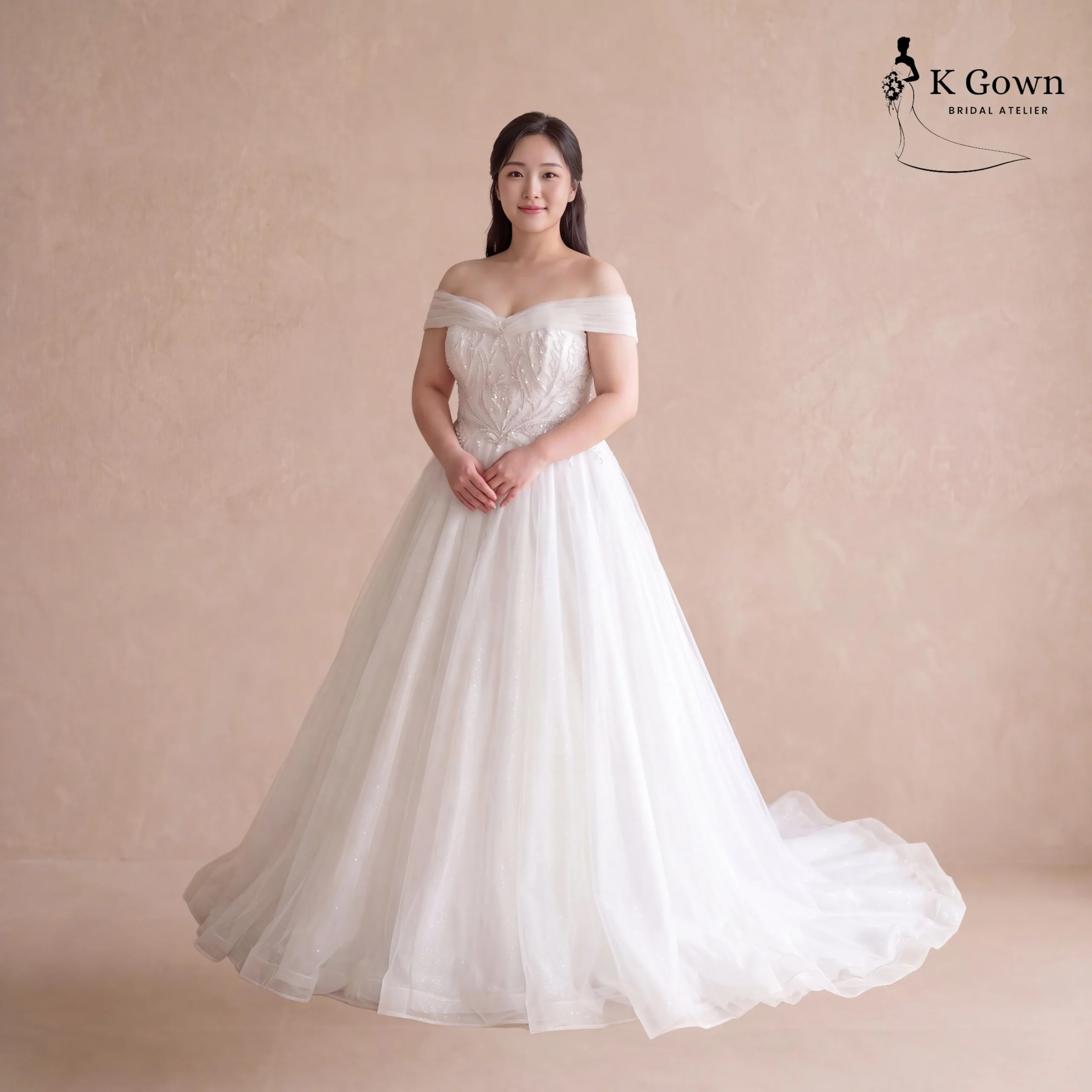 [UK12-UK22] K GOWN_BRIDAL _SOFT TULLE OFF THE SHOULDER SLEEVE WITH BEADED TOP BALL GOWN PLUS SIZE