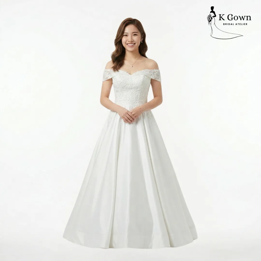 [UK4-10] K GOWN_BRIDAL _SINGAPORE OFF SHOULDER LACE BODICE SATIN SKIRT WEDDING GOWN