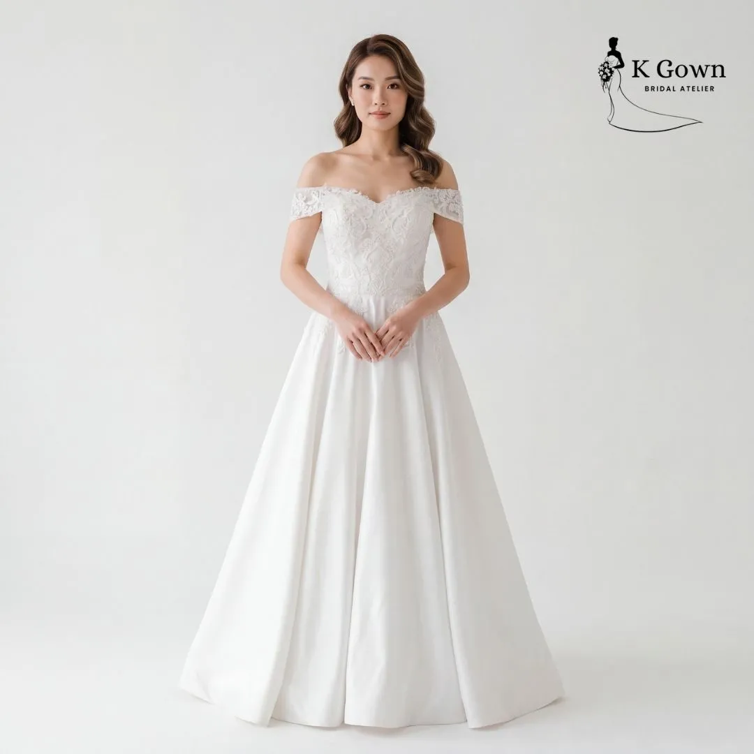 [UK4-10] K GOWN_BRIDAL _SINGAPORE SIGNATURE WEDDING GOWN COLLECTION - OFF THE SHOULDER LACE BODICE SATIN SKIRT WEDDING GOWN