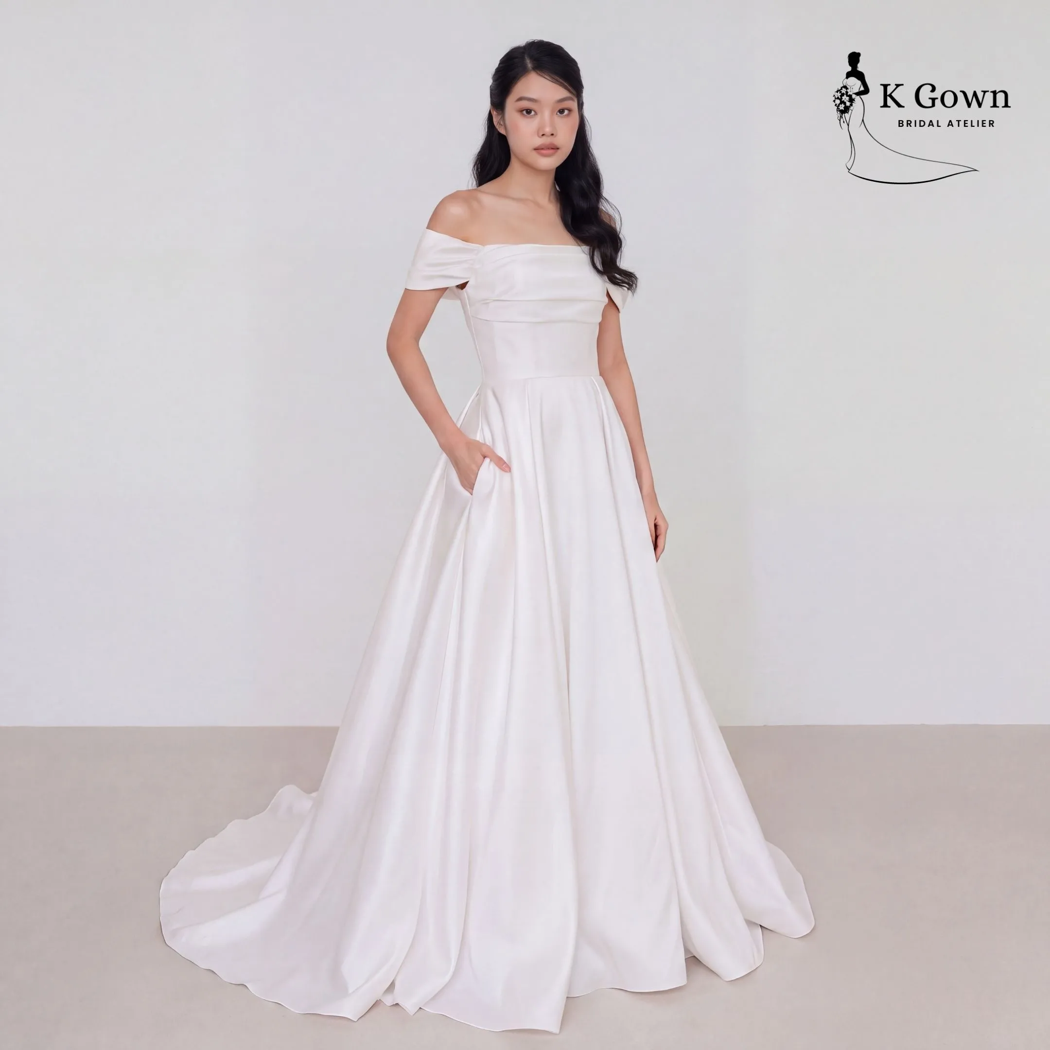 [UK4-10] K GOWN_BRIDAL _SINGAPORE SIGNATURE WEDDING GOWN COLLECTION - OFF THE SHOULDER SATIN STRAIGHT NECKLINE