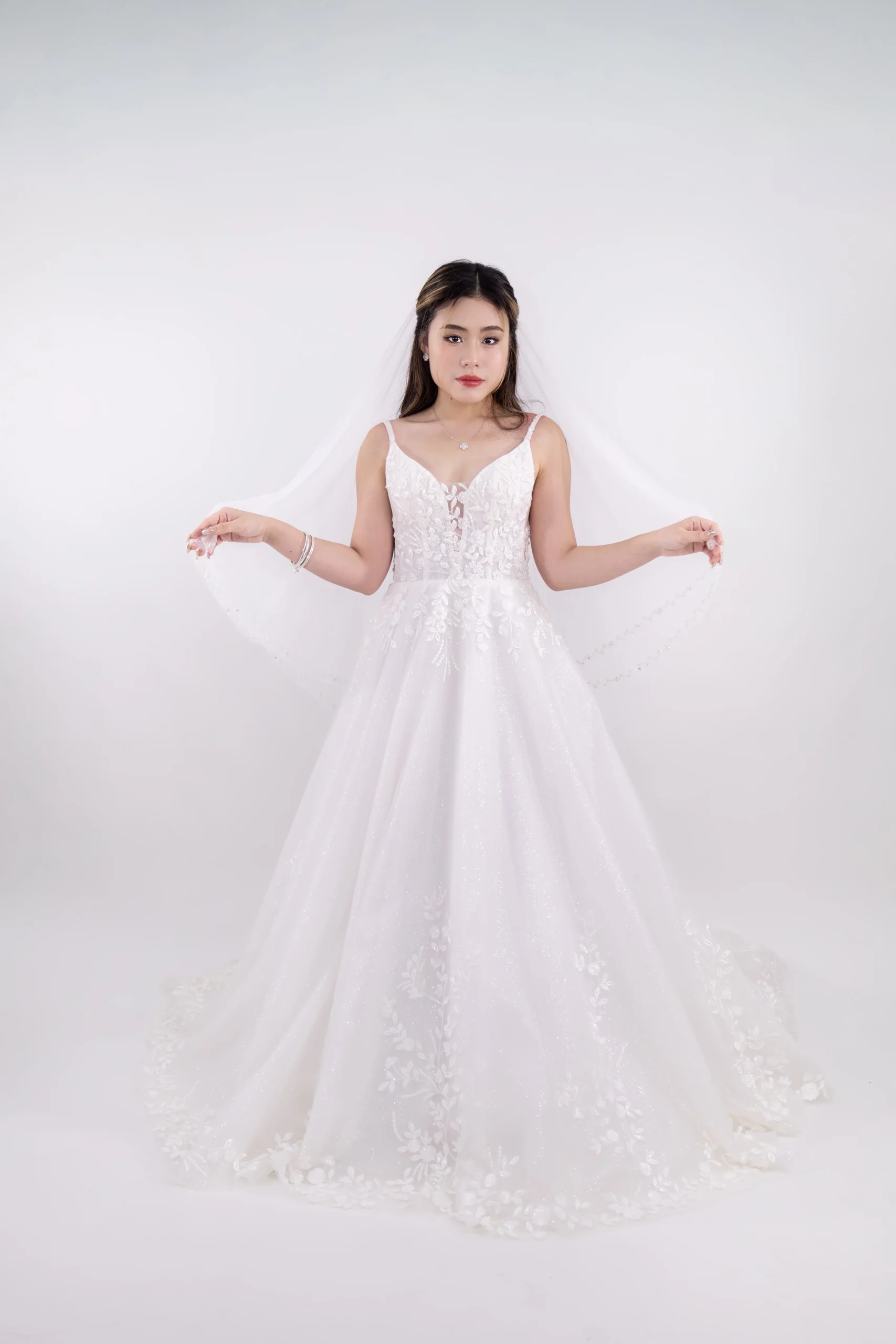 ROMANTIC FLORAL LACE A-LINE WEDDING GOWN 10 SINGAPORE BRIDAL GOWN K GOWN_ STRAGHETTI STRAP ALINE WEDDING DRESS SINGAPORE WITH LOW BACK _ FULL FRONT VIEW WITH VEIL