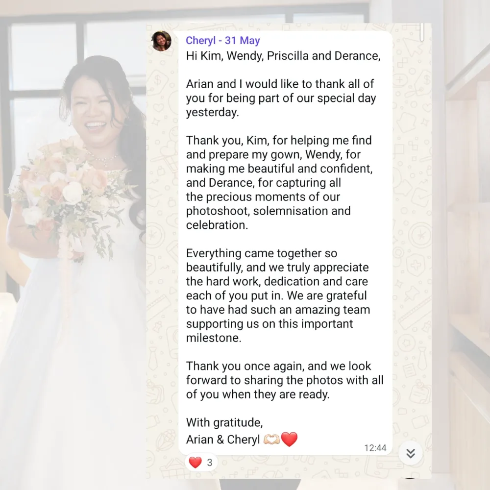 THANK YOU MESSAGE FROM BRIDE CHERYL AFTER HER ACTUAL DAY WEDDING, WITH HER HOLDING A BOUQUET IN HER K GOWN WEDDING DRESS