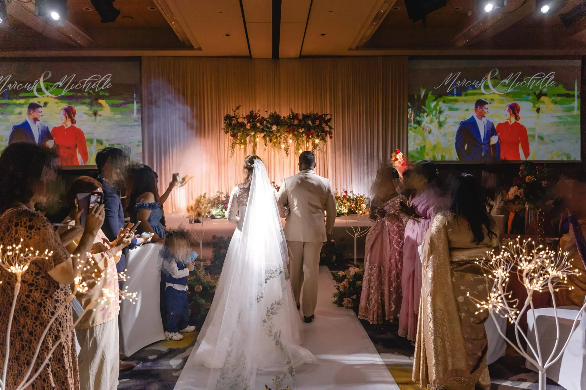BRIDE WALKING DOWN THE AISLE AT HER ROM IN SINGAPORE, GOWN BY K GOWN