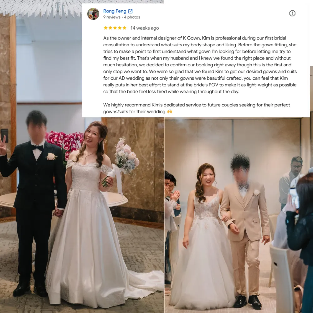 GOOGLE REVIEW FROM BRIDE RONG FENG WITH ACTUAL DAY PHOTOS IN HER K GOWN WEDDING DRESS AT CONRAD SINGAPORE ORCHARD