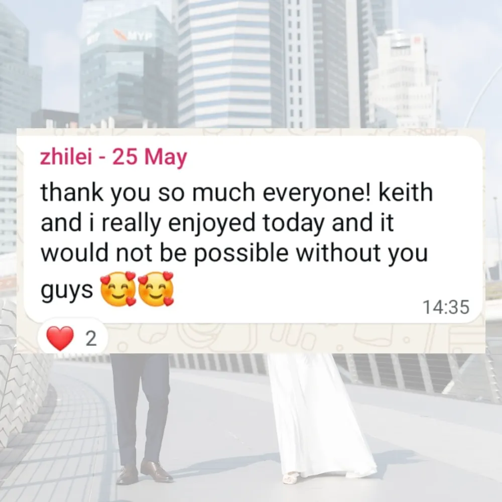 THANK YOU MESSAGE FROM ZHILEI AFTER HER ROM CEREMONY AT ESPLANADE MALL, WEARING A CUSTOM K GOWN WEDDING DRESS
