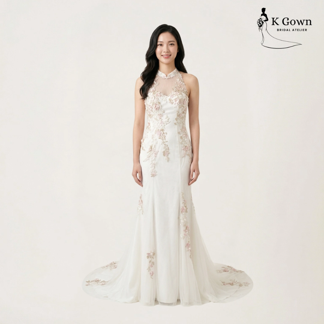 CUSTOM WEDDING DRESS SINGAPORE 14 SINGAPORE BRIDAL GOWN IVORY HALTER ILLUSION NECKLINE MERMAID GOWN WITH FLORAL LACE APPLIQUÉ, K GOWN SINGAPORE
