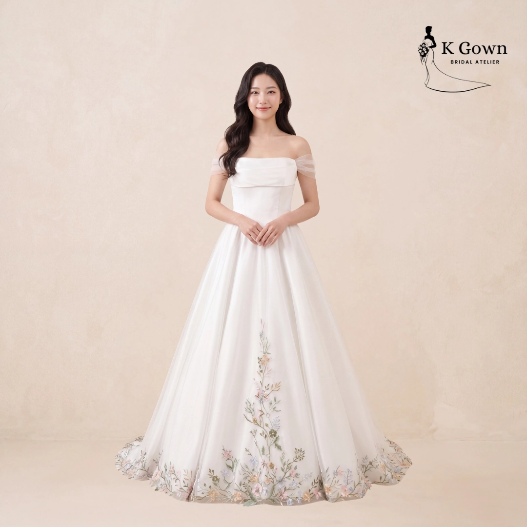 CUSTOM WEDDING DRESS SINGAPORE 10 SINGAPORE BRIDAL GOWN IVORY OFF-SHOULDER BALL GOWN WITH FLORAL EMBROIDERED SKIRT, K GOWN SINGAPORE