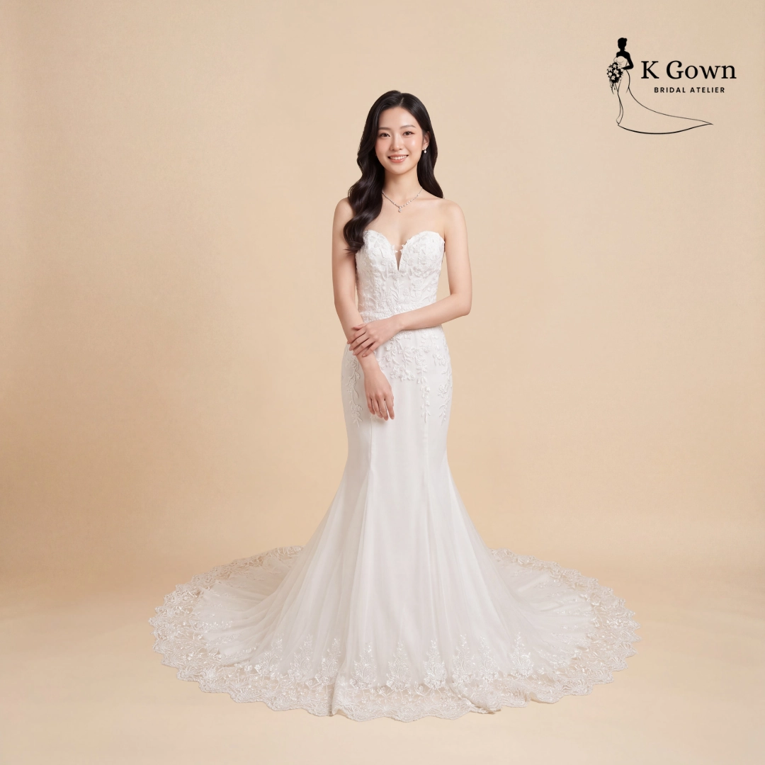 CUSTOM WEDDING DRESS SINGAPORE 13 SINGAPORE BRIDAL GOWN IVORY STRAPLESS SWEETHEART LACE MERMAID WEDDING GOWN WITH TRAIN, K GOWN SINGAPORE