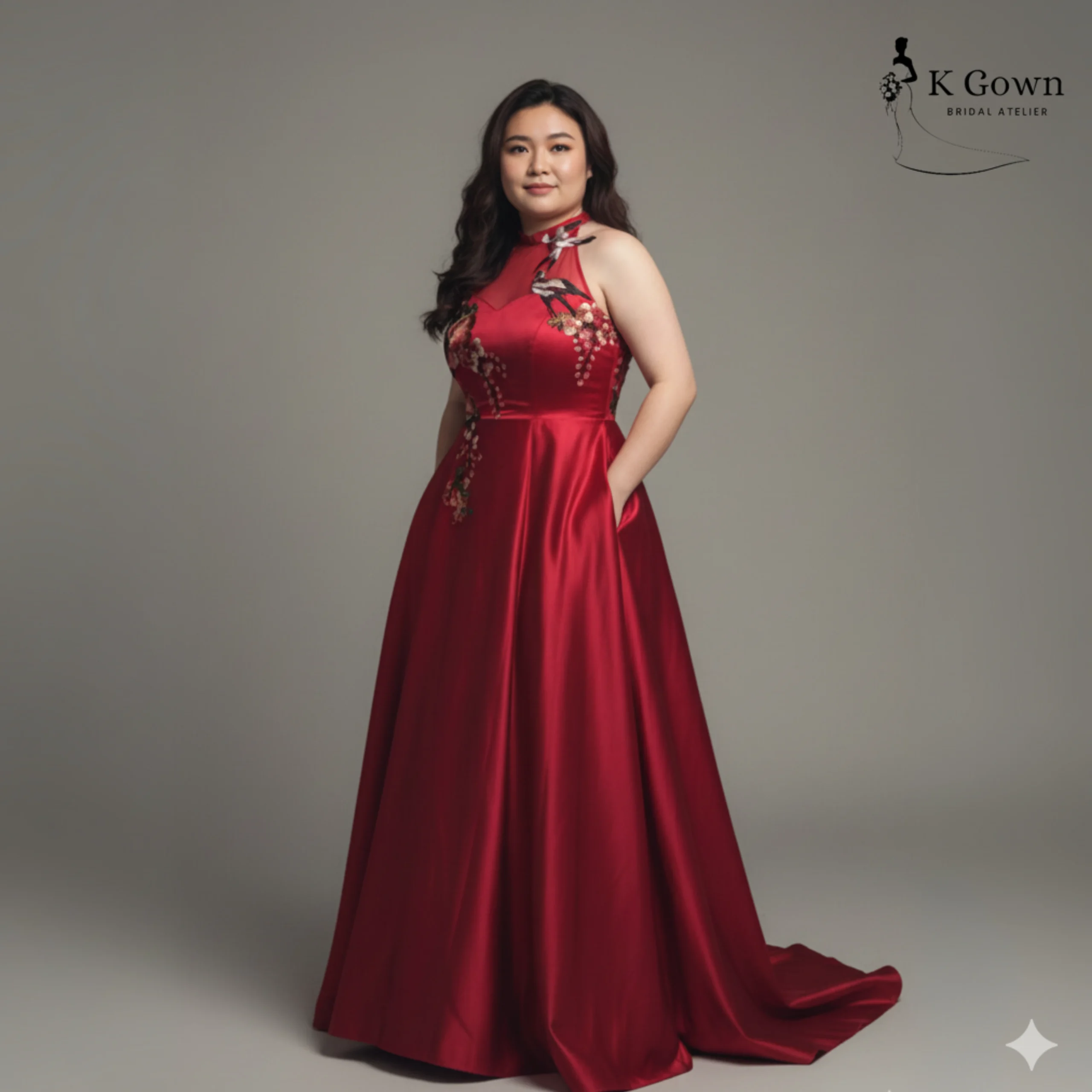 CUSTOM WEDDING DRESS SINGAPORE 16 SINGAPORE BRIDAL GOWN RED HALTER A-LINE EMBROIDERED EVENING GOWN, PLUS SIZE, K GOWN SINGAPORE