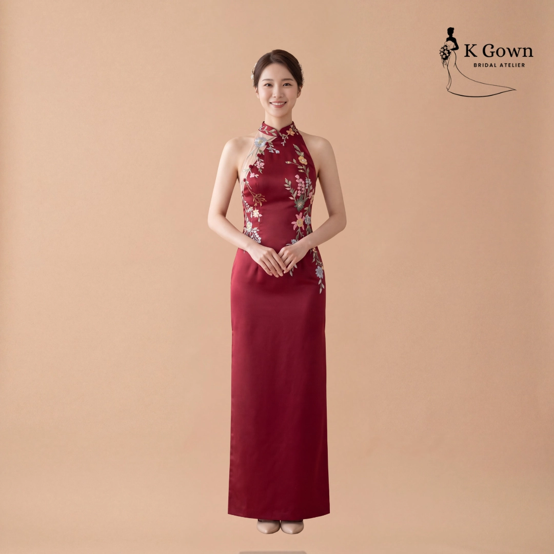 CUSTOM WEDDING DRESS SINGAPORE 17 SINGAPORE BRIDAL GOWN RED HALTER CHEONGSAM WITH FLORAL EMBROIDERY, FITTED EVENING GOWN, K GOWN SINGAPORE